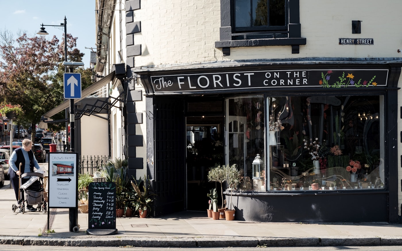 A small florist shop on a street corner