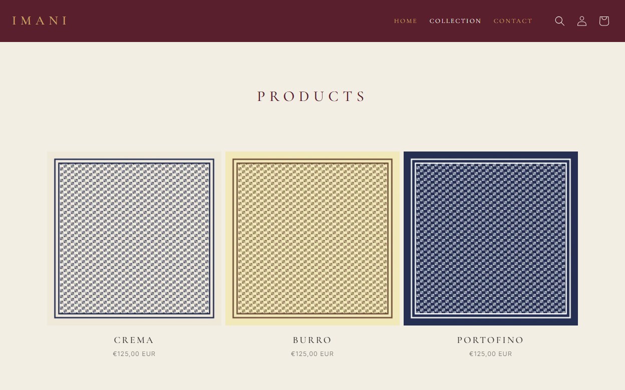 The IMANI MODE collection page showing the silk scarf range with prices